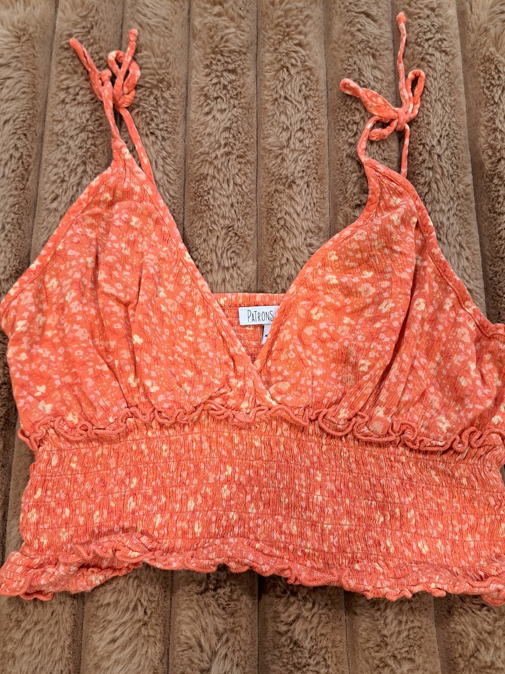 Boho Patrons of Peace Smocked Waist Tank Top Floral Print Orange Medium